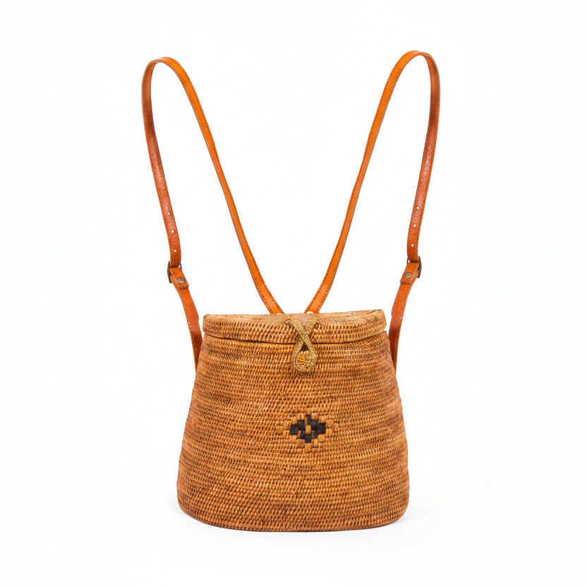 The Journey – Handwoven Ata Rattan Backpack, Batik-Lined, Leather Stra ...