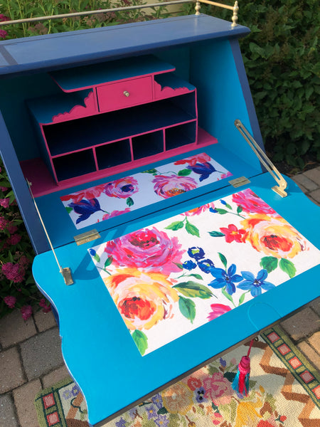 Small Vintage Painted French Blue Drop Front Secretary Desk