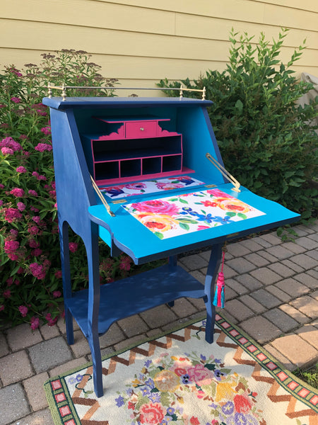 Small Vintage Painted French Blue Drop Front Secretary Desk